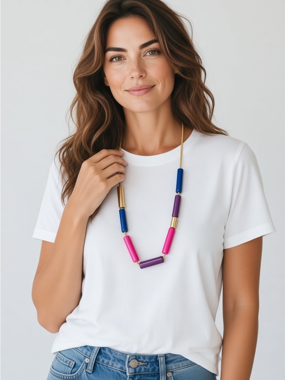 Trinia Turk Gold Chain Multicolor Tube Necklace - Pink, Purple, Blue